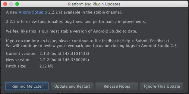 Android Studio update notification